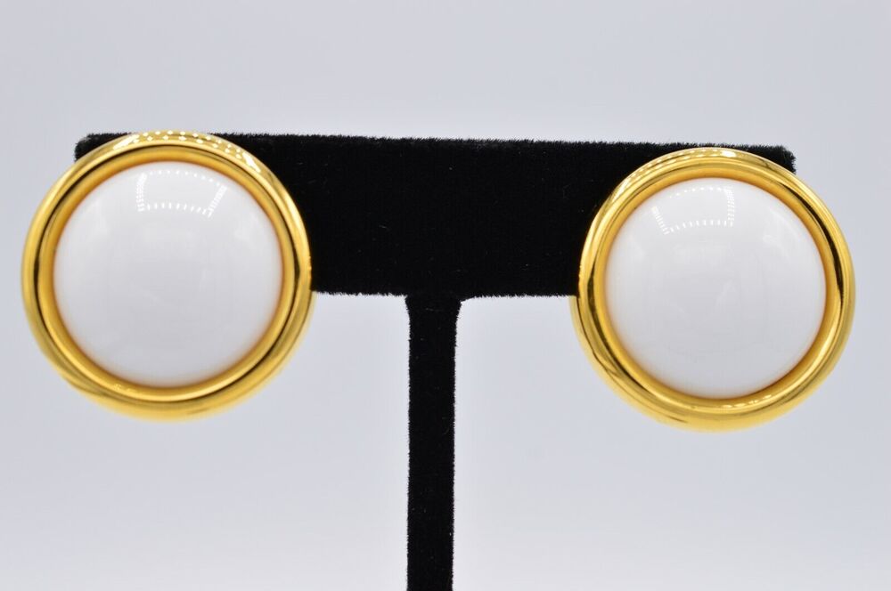 Napier Vintage Earrings Screw Clip Pure White Cabochon Gold Signed 1980s BinAB